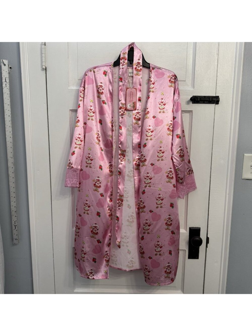 SHEIN x Strawberry Shortcake Womens M Pink Long Robe Lace Trim NWT